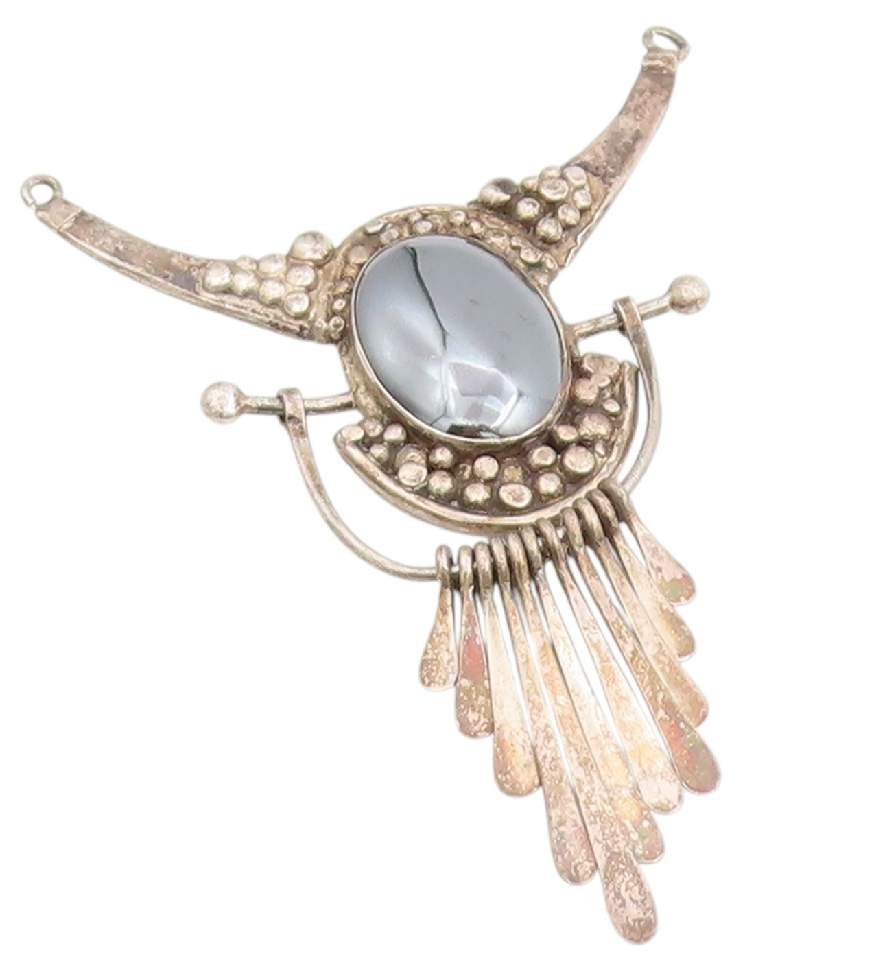 925 Sterling Silver Vintage Pendant Oval Hematite Bohemian Feather Drop  PT25171