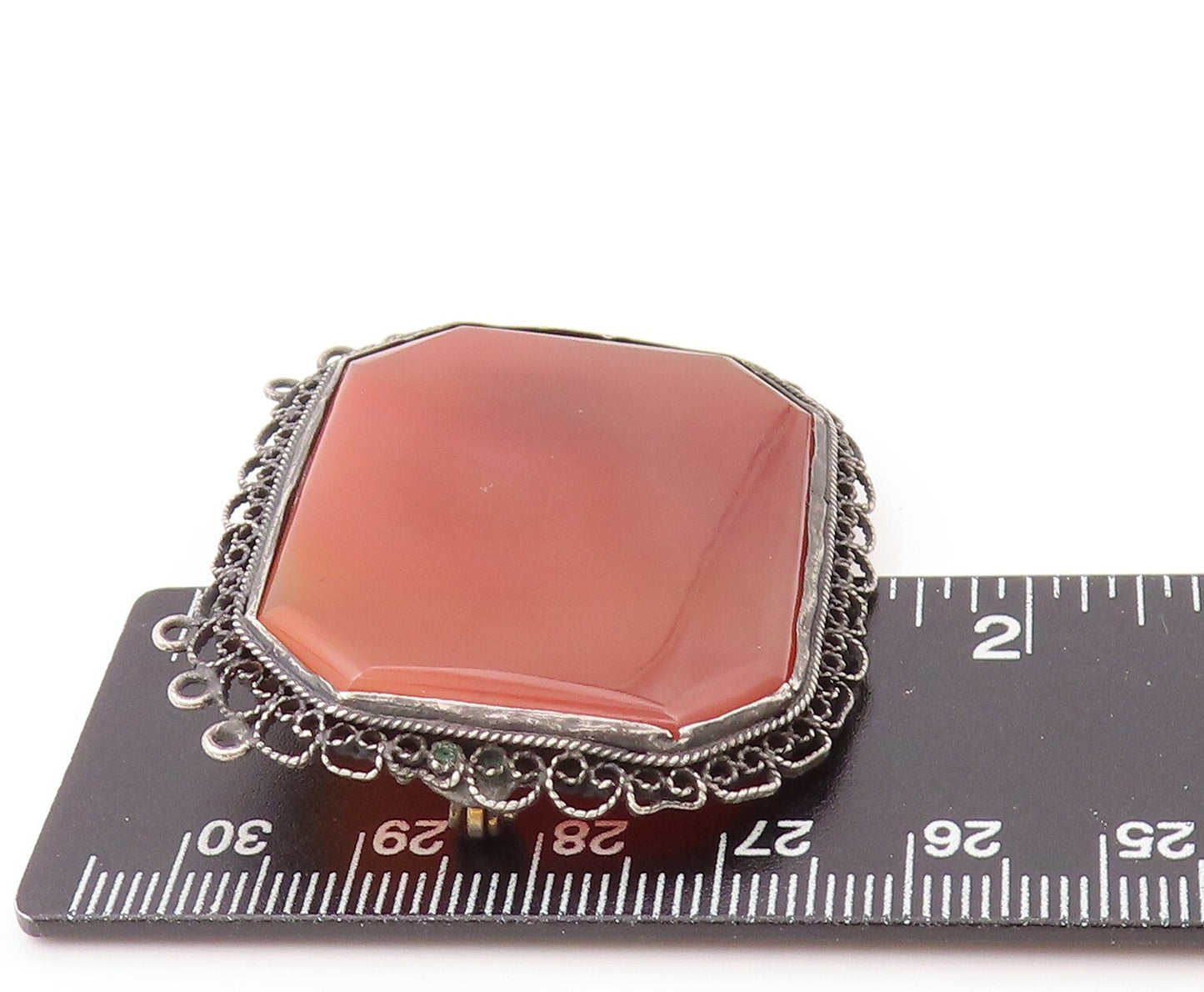 925 Sterling Silver Vintage Brooch Large Carnelian Halo Filigree Work  BP11513