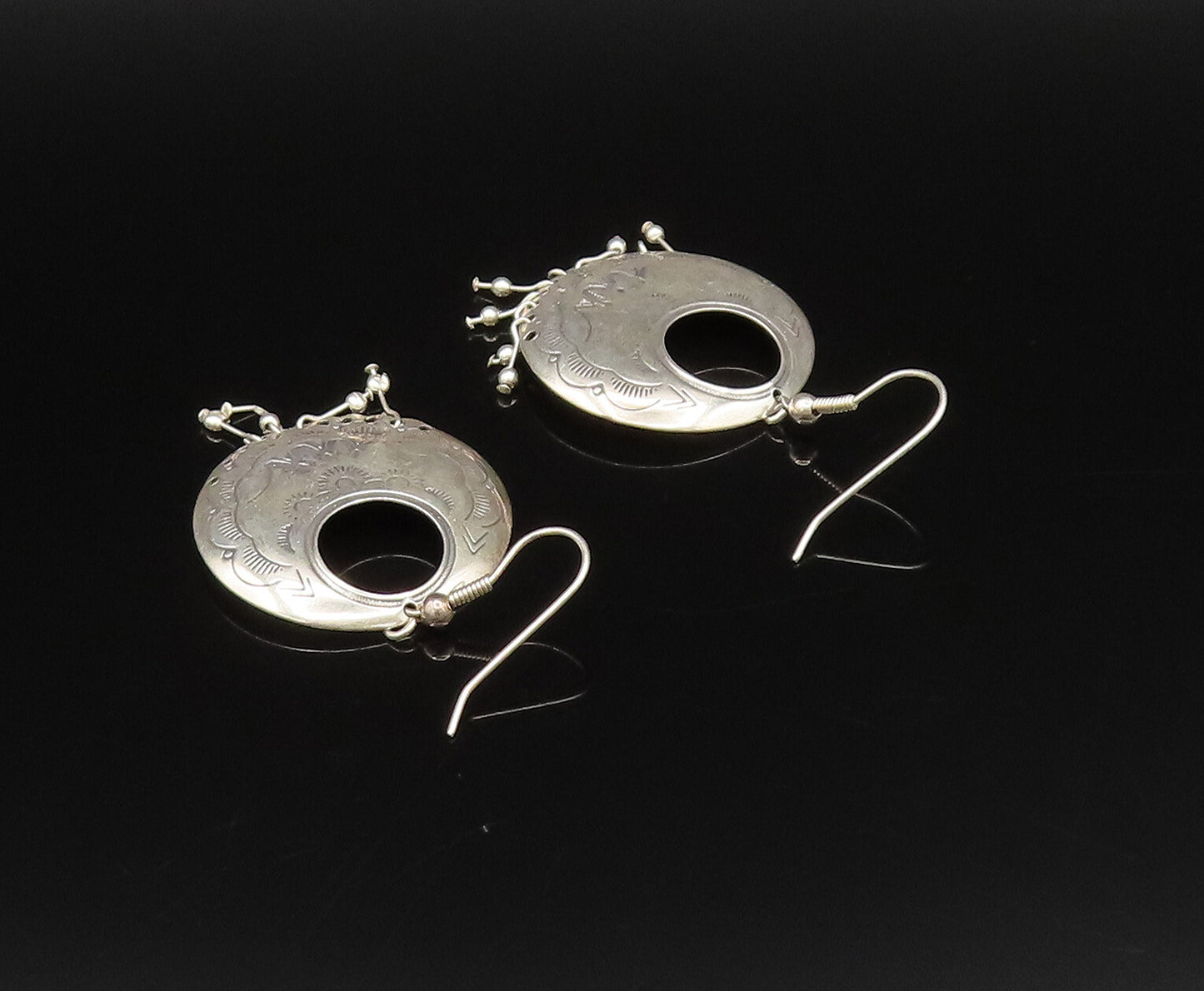 CAROLYN POLLACK 925 Silver  Vintage Etched Open Circle Beaded Earrings EG12242