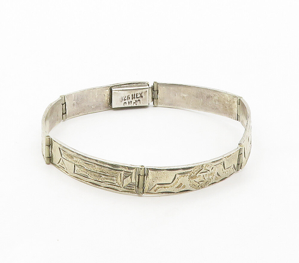MEXICO 925 Sterling Silver  Vintage Shiny Etched Panel Chain Bracelet  BT6148
