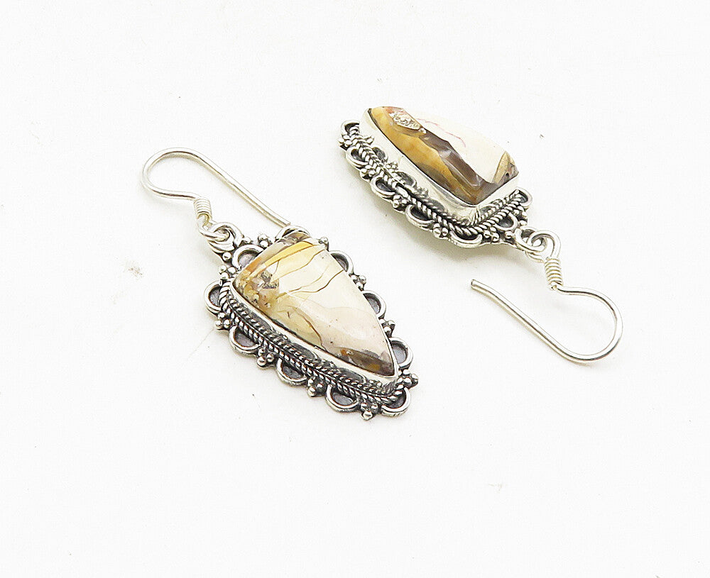 925 Sterling Silver  Vintage Cabochon Cut Brown Jasper Dangle Earrings  EG4961