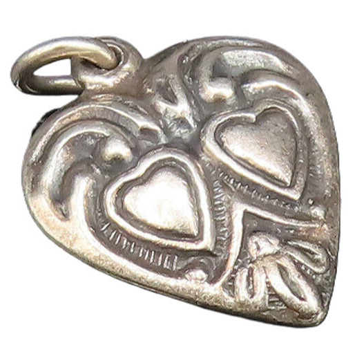 925 Sterling Silver  Vintage Antique Carved Love Hearts Charm Pendant  PT21272