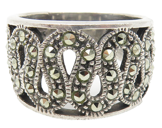 925 Sterling Silver  Vintage Marcasite Swirl Design Band Ring Sz 6.5  RG10860