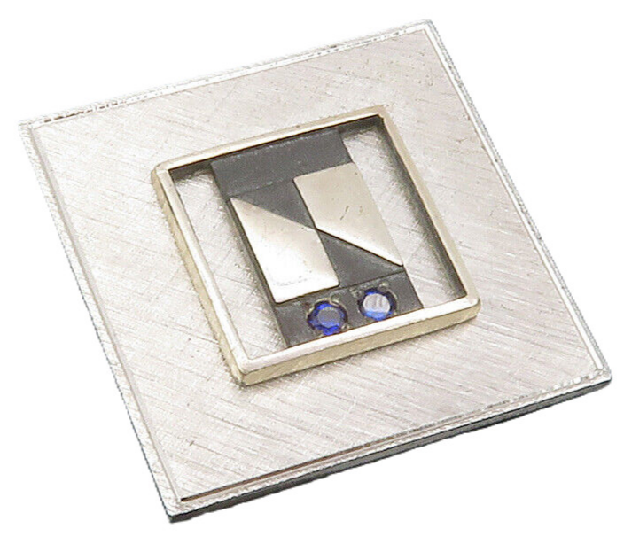 925 Sterling Silver  Vintage Blue Topaz Two Tone Square Brooch Pin  BP4605