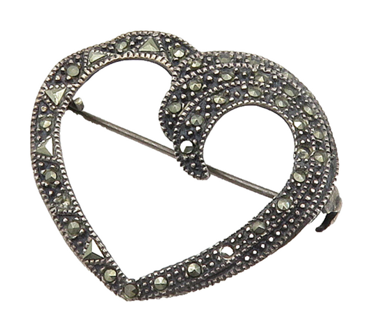 925 Sterling Silver  Vintage Marcasite Open Love Heart Brooch Pin  BP6349