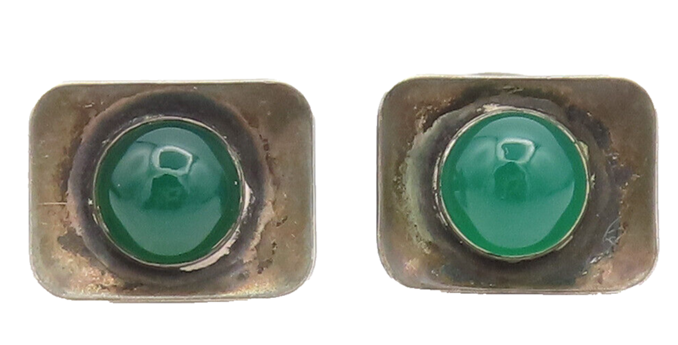 DRAGSTED DENMARK 925 Sterling Silver Vintage Curved Plate Jade Cuff Links TR3605