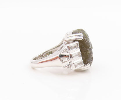 925 Sterling Silver Vintage Ring Carved Gemstone & CZ Band  Sz 6.5  RG34177