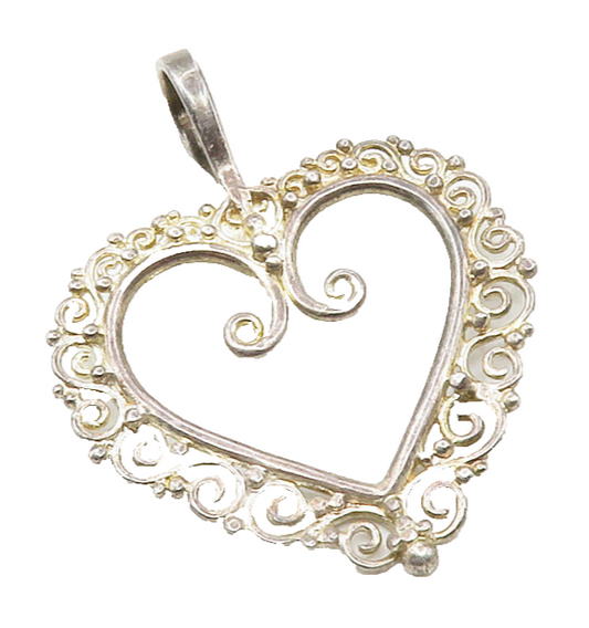 925 Sterling Silver  Vintage Open Love Heart Swirl Border Pendant  PT9846