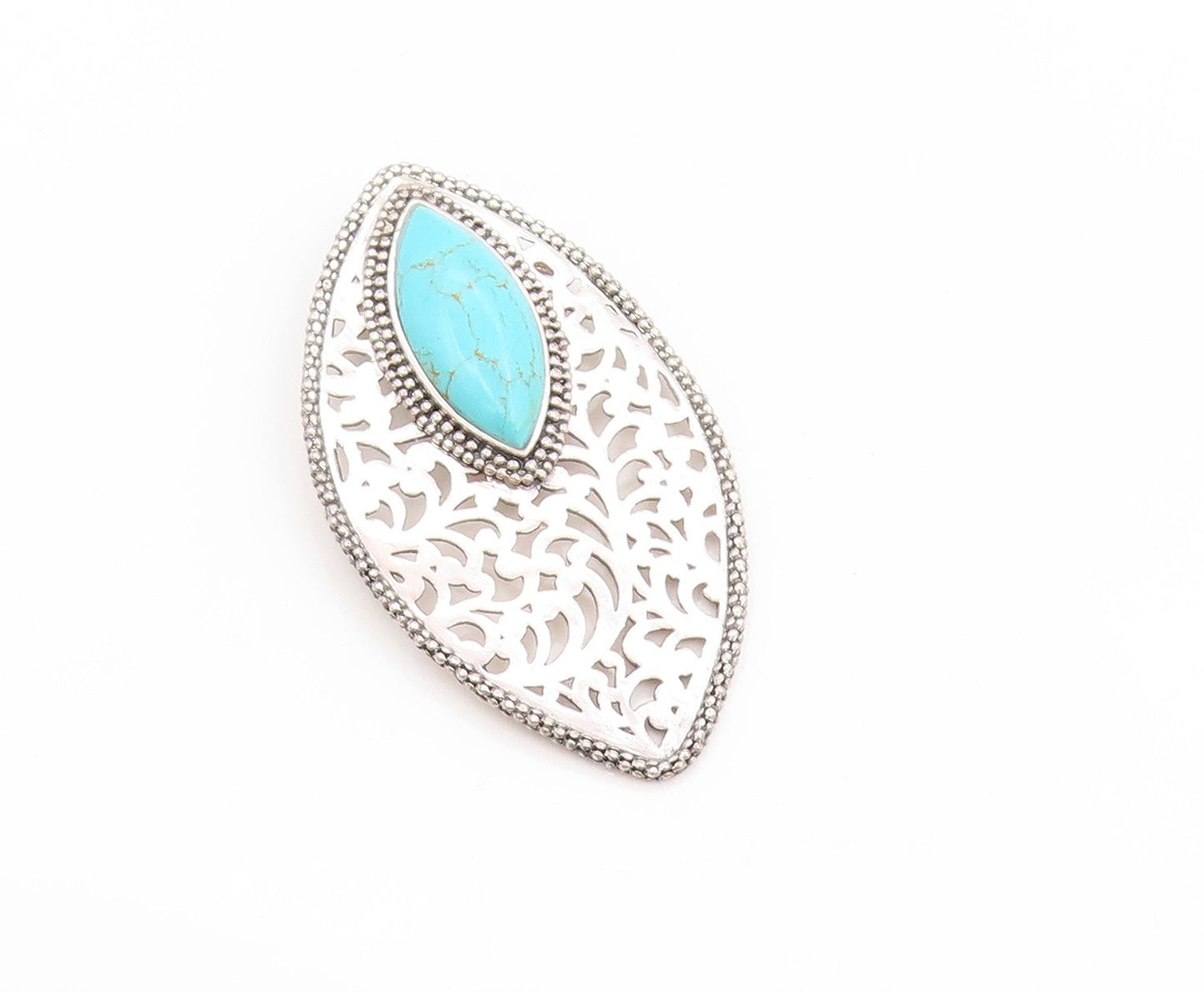 925 Sterling Silver Vintage Pendant Marquise Cut Turquoise Openwork Leaf PT25842