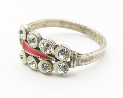 925 Sterling Silver  Vintage Cubic Zirconia & Enamel Band Ring Sz 5  RG11479