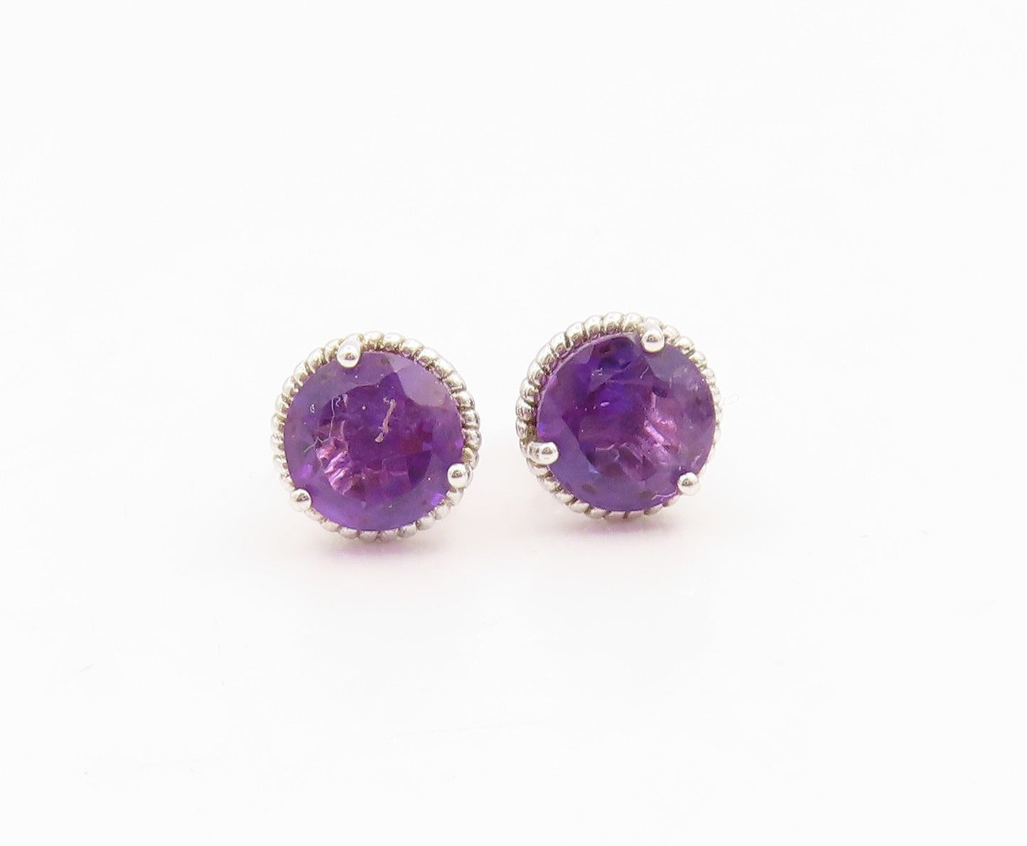 925 Sterling Silver Vintage Earrings Classic Amethyst Rope Bezel Studs  EG14127