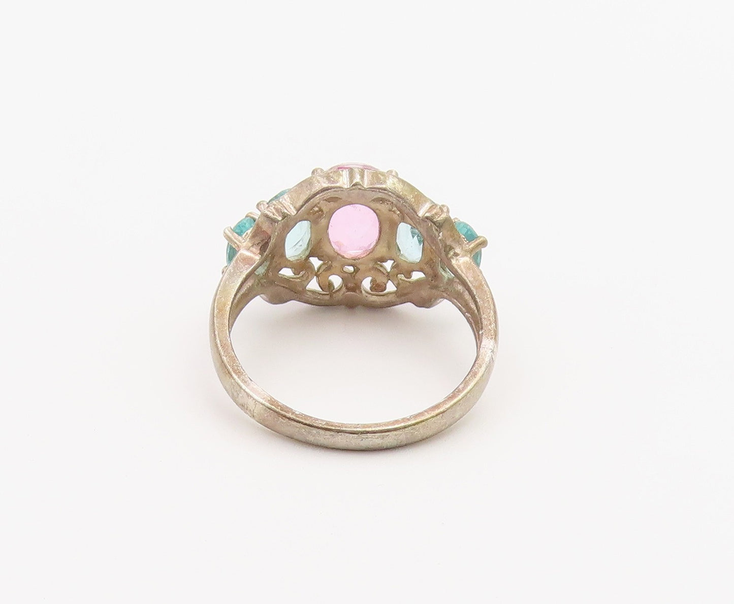 925 Sterling Silver Vintage Ring Aquamarine & Pink Topaz Band  Sz 6  RG36874