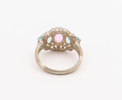 925 Sterling Silver Vintage Ring Aquamarine & Pink Topaz Band  Sz 6  RG36874
