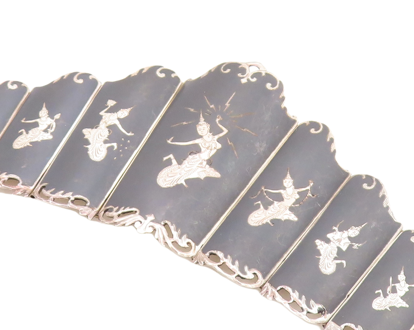 SIAM 925 Sterling Silver  Vintage Niello Dancer Panel Chain Bracelet  BT1963