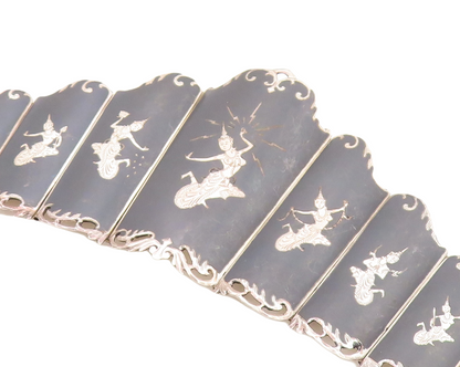 SIAM 925 Sterling Silver  Vintage Niello Dancer Panel Chain Bracelet  BT1963