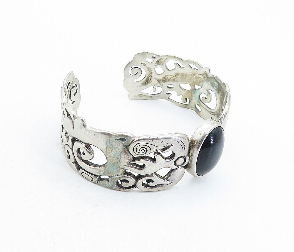 925 Sterling Silver  Vintage Black Agate Modernist Swirl Cuff Bracelet  BT2155