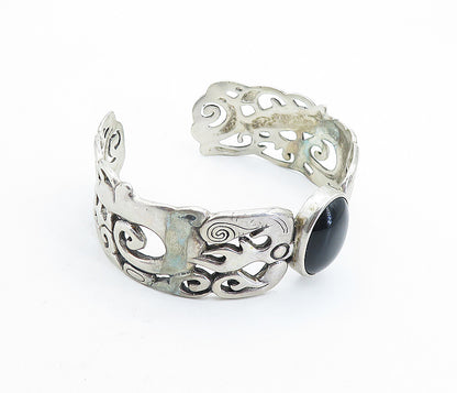 925 Sterling Silver  Vintage Black Agate Modernist Swirl Cuff Bracelet  BT2155