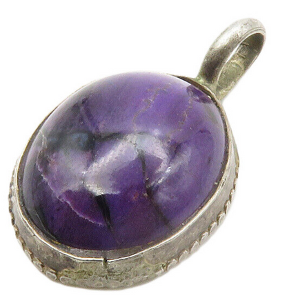 925 Sterling Silver  Vintage Cabochon Cut Charoite Oval Drop Pendant  PT11113