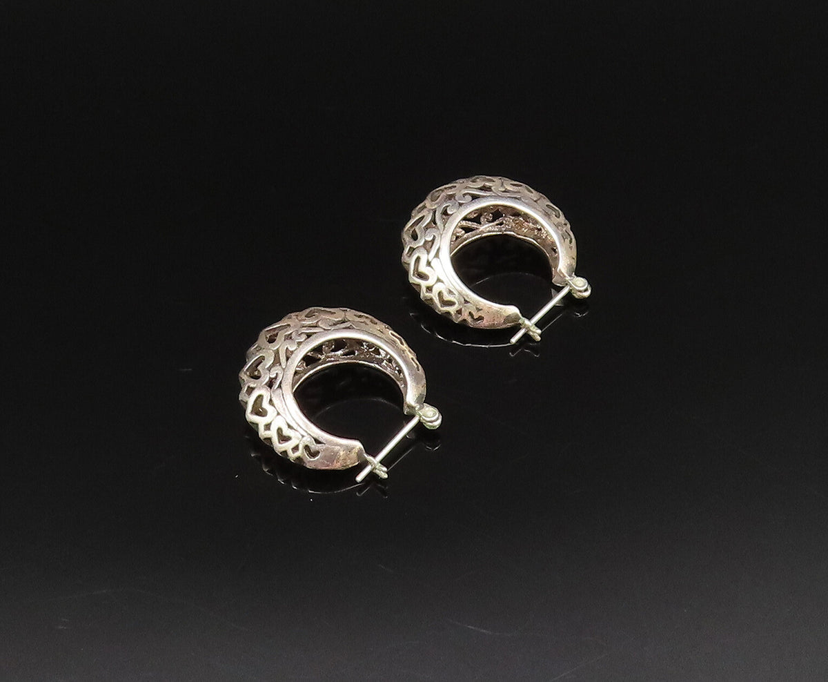 925 Sterling Silver  Vintage Openwork Scroll Love Hearts Hoop Earrings EG11969