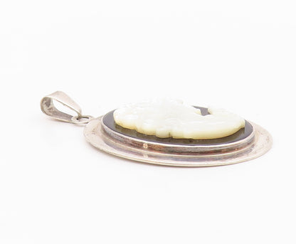 DESIGNER 925 Silver  Vintage Mother Of Pearl Woman & Onyx Pendant  PT21039