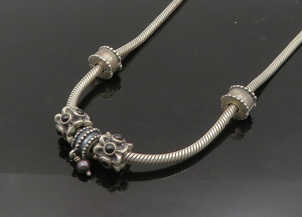 PANDORA 925 Silver   Vintage Black Onyx & Petite Pearl Chain Necklace  NE3698