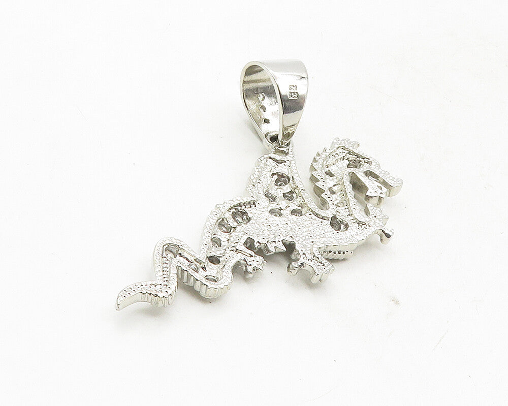 925 Sterling Silver  White Topaz Shiny Flying Dragon Motif Pendant  PT7821