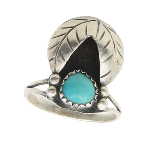 NAVAJO 925 Silver  Vintage Turquoise Floral Leaf Band Ring Sz 6.5  RG17497
