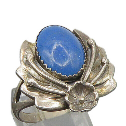 NAVAJO 925 Silver  Vintage Lapis Lazuli Floral Leaf Band Ring Sz 9  RG23660