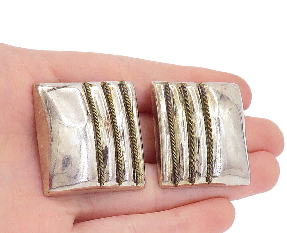 MEXICO 925 Silver  Vintage Two Tone Rope Twist Non Pierce Earrings  EG2874