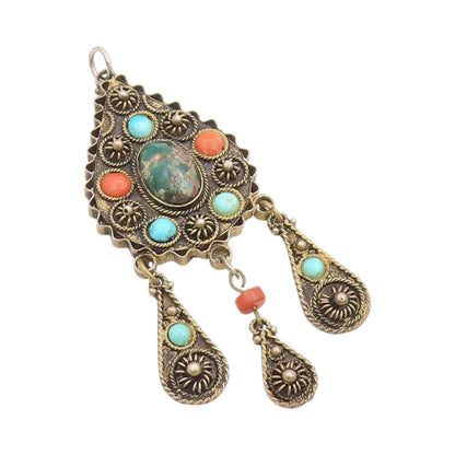 925 Sterling Silver Vintage Pendant Gold Plated Turquoise & Gemstones  PT24605