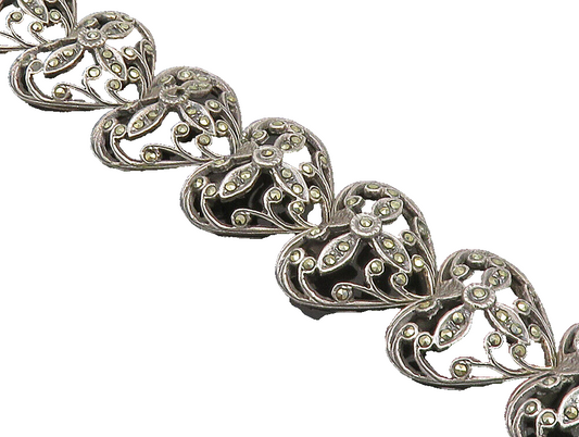 925 Sterling Silver  Vintage Floral Marcasite Love Heart Link Bracelet  BT9386