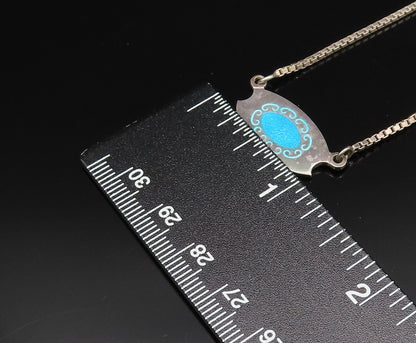 925 Silver  Vintage Minimalist Blue Enamel Swirl Accent Chain Necklace  NE3935
