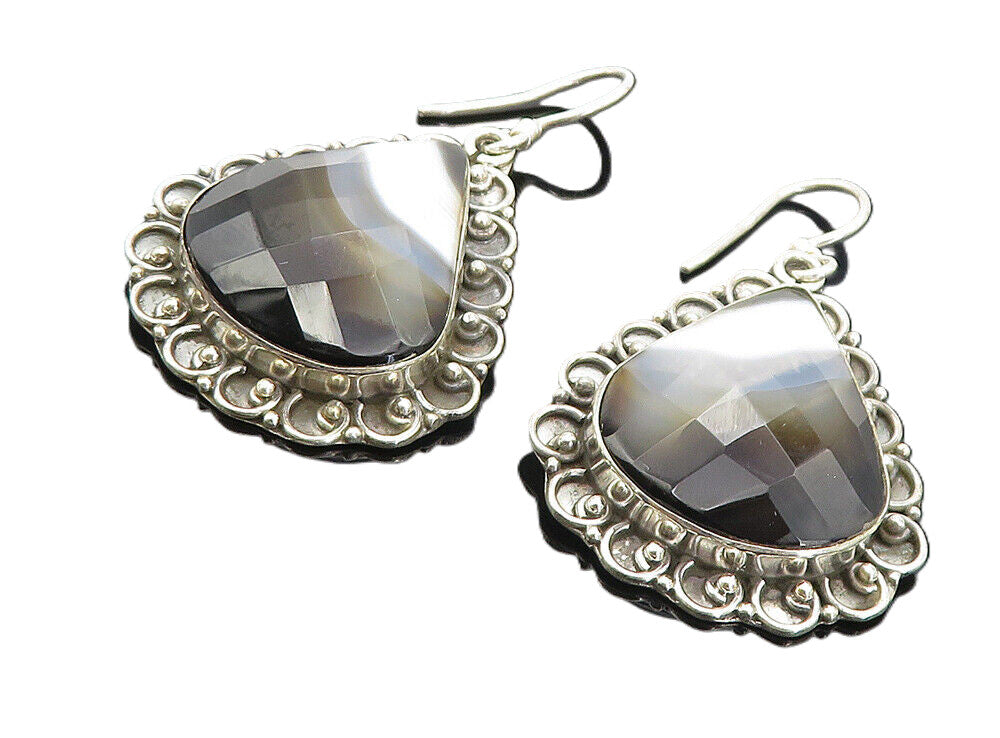 925 Sterling Silver  Vintage Faceted Agate Bordered Dangle Earrings  EG3363