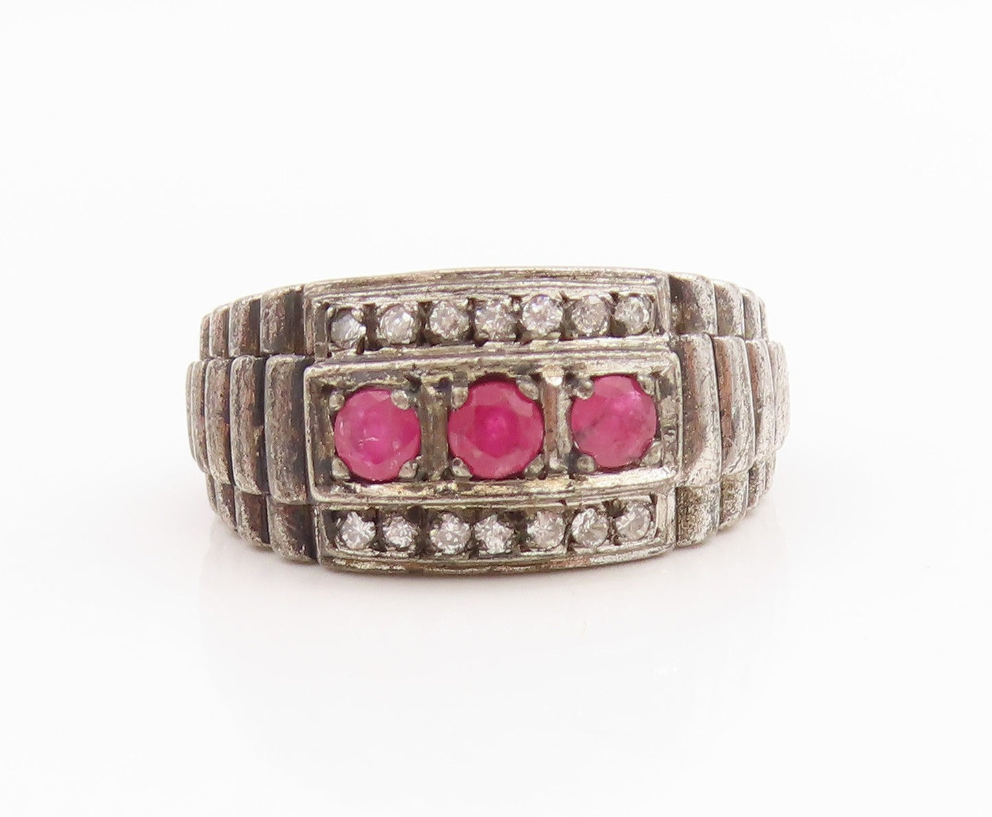 925 Sterling Silver Vintage Ring Real Diamonds & Ruby Watch Band Sz 8.5 RG34834