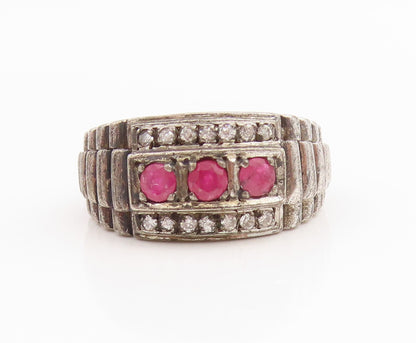 925 Sterling Silver Vintage Ring Real Diamonds & Ruby Watch Band Sz 8.5 RG34834
