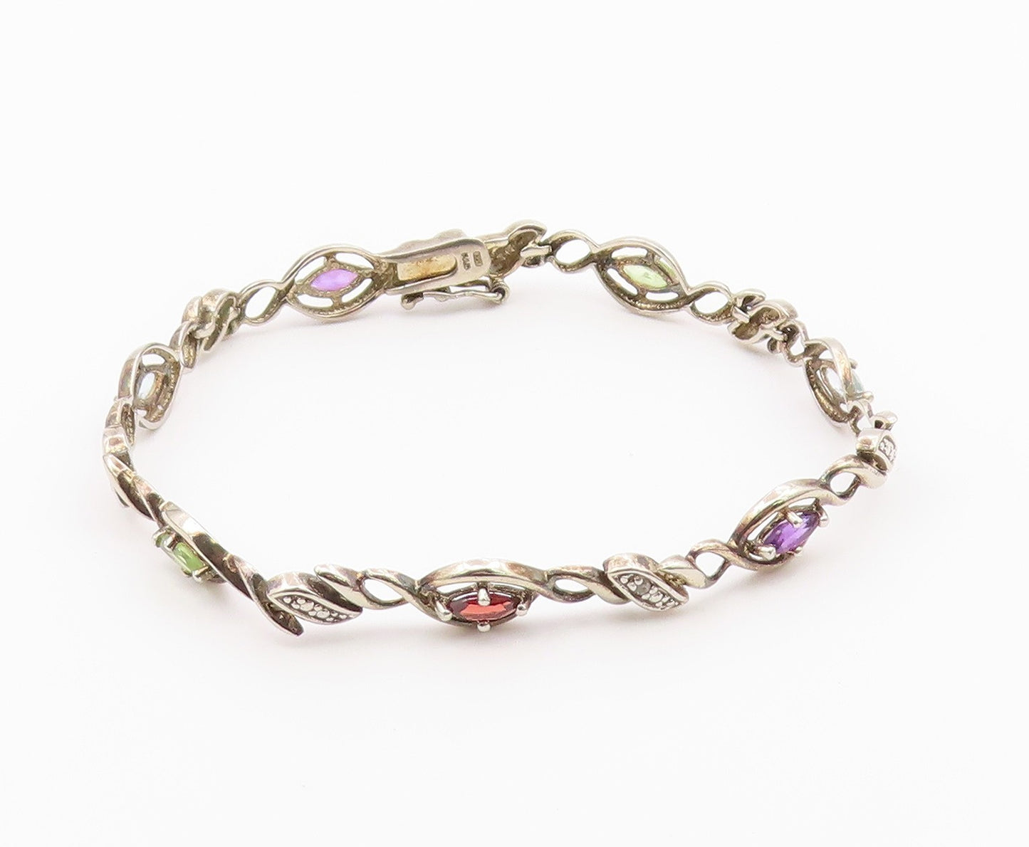 925 Sterling Silver Vintage Genuine Diamond & Multi Stone Chain Bracelet BT8314
