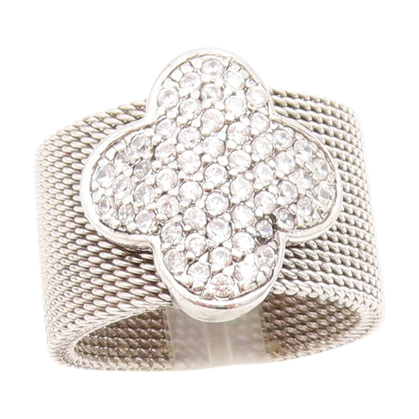 925 Sterling Silver Vintage Ring Cluster CZ Lucky Clover Mesh Band Sz 8 RG33857