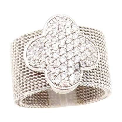 925 Sterling Silver Vintage Ring Cluster CZ Lucky Clover Mesh Band Sz 8 RG33857