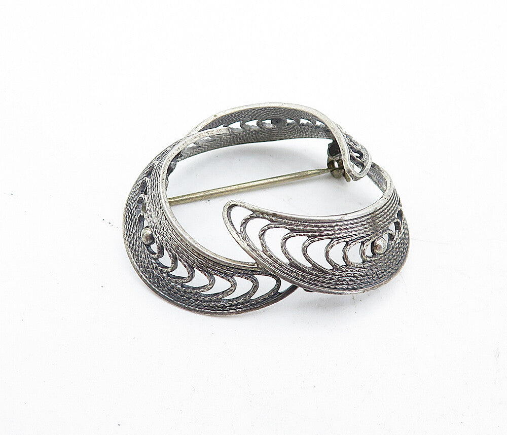 BEAU 925 Sterling Silver Vintage Dark Tone Twist Filigree Brooch Pin BP1970
