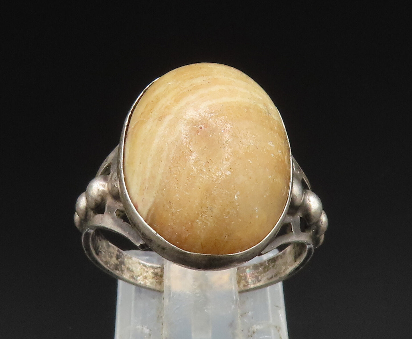 925 Sterling Silver  Vintage Cabochon Agate Beaded Shank Ring Sz 7.5  RG24933