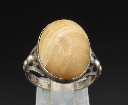 925 Sterling Silver  Vintage Cabochon Agate Beaded Shank Ring Sz 7.5  RG24933