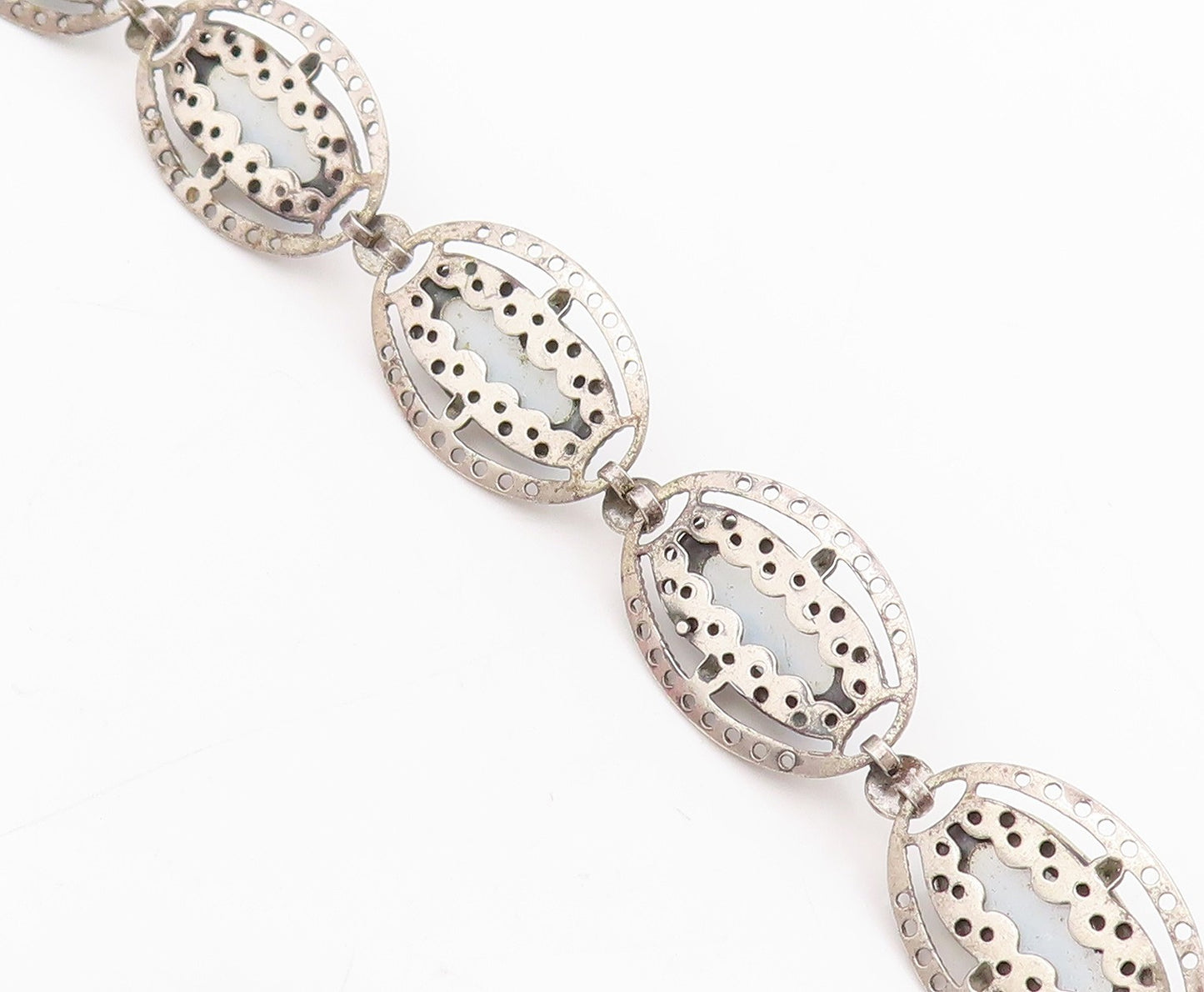 925 Sterling Silver Vintage Bracelet BEAU Antique Cabochon Cat Eye Link  BT11515
