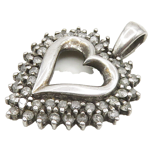 925 Sterling Silver  Vintage Genuine Diamonds Open Love Heart Pendant  PT14656