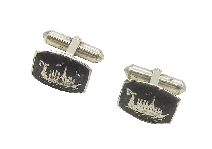 SIAM 925 Sterling Silver  Vintage Niello Enamel Dragon Boat Cufflinks  TR2451