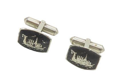 SIAM 925 Sterling Silver  Vintage Niello Enamel Dragon Boat Cufflinks  TR2451