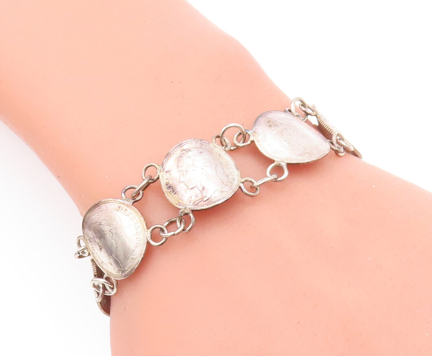 925 Sterling Silver Vintage Bracelet Antique Carved Coin Linked  BT10636