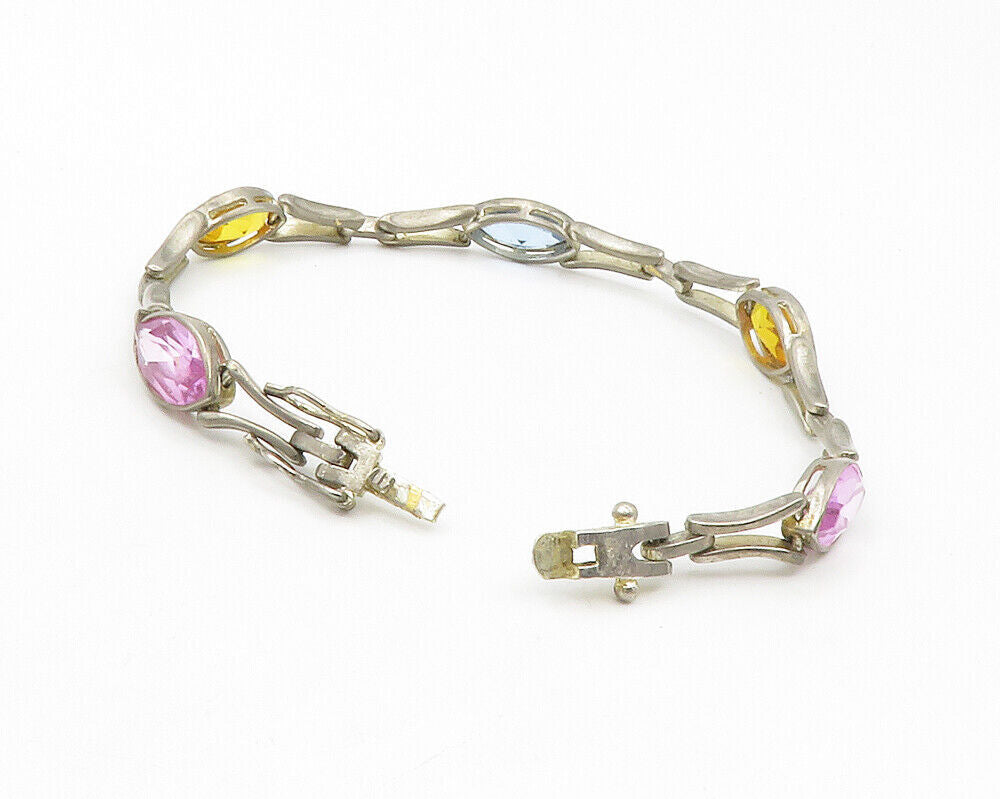 925 Sterling Silver  Vintage Amethyst Citrine & Topaz Chain Bracelet  BT5217