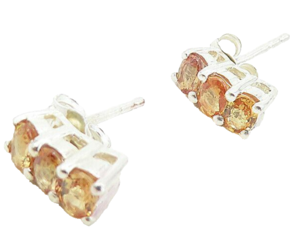 925 Sterling Silver  Petite Prong Set Peach Topaz 3 Stone Drop Earrings EG4074