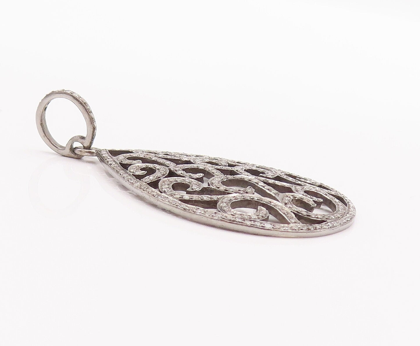 925 Sterling Silver Vintage Pendant 1/2 Ct Diamonds Swirly Carved Drop PT22941