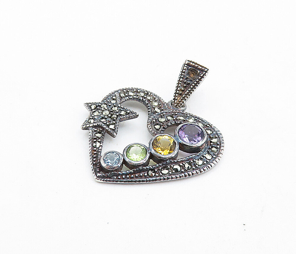 925 Sterling Silver Vintage Multi Gemstone Love Heart Star Pendant PT4841